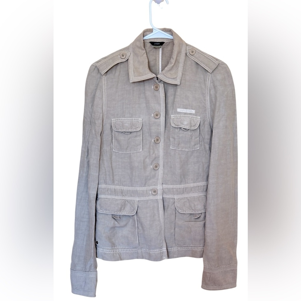 J.Crew Women Utility Jacket Linen Silk Safari Light Khaki Y2K Military M Pocket
